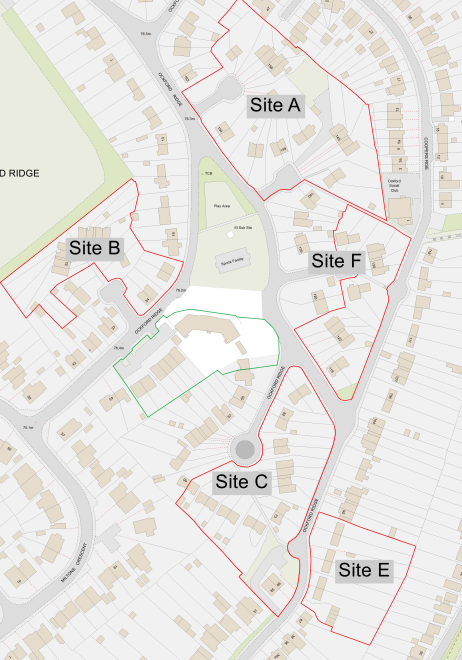 A map detailing all of the Ockford Ridge building sites, A through E
